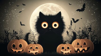 Fototapeta premium Spooky Halloween Poster with Black Cat, Pumpkins, and Full Moon, Generative Ai
