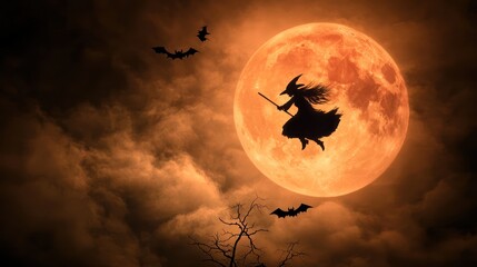 Halloween Witch Silhouette Flying in Front of Orange Moon with Bats and Dark Clouds - Spooky Night Scene, Generative Ai