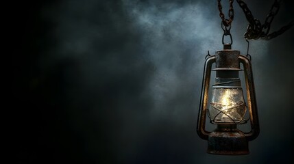 Moody Atmospheric Shot of a Vintage Spooky Old Lantern Hanging from a Rusty Chain Against a Dark Grungy Background with Ample Space for Text Overlay