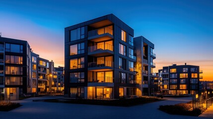 Modern Apartment Building at Dusk with Warm Interior Lights