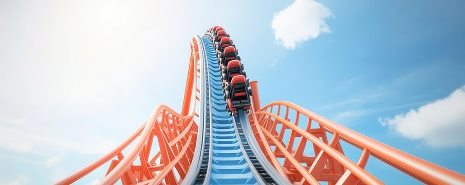 A 3D effect of a roller coaster with tracks and cars extending outwards, 3D effect, roller coaster, thrill