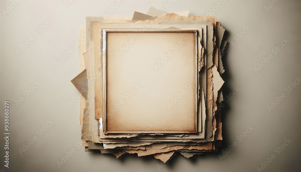 Wall mural an empty, aged paper frame surrounded by layers of torn, textured paper with rough edges, in a grung