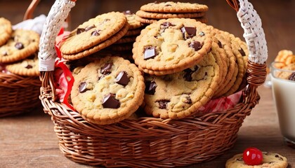  Deliciously indulgent chocolate chip cookies in a rustic basket