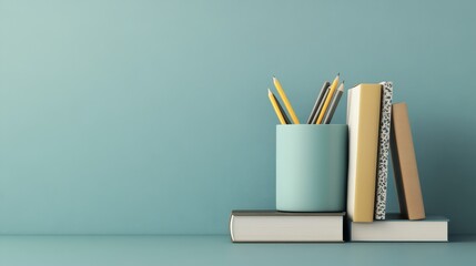 Blue Wall Minimalist Desk with Pencils  Books  and a Pencil Holder