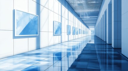 Obraz premium Modern Office Hallway with Reflective Floor and Artwork