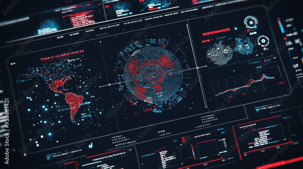 Poster futuristic technology interface with global data and charts