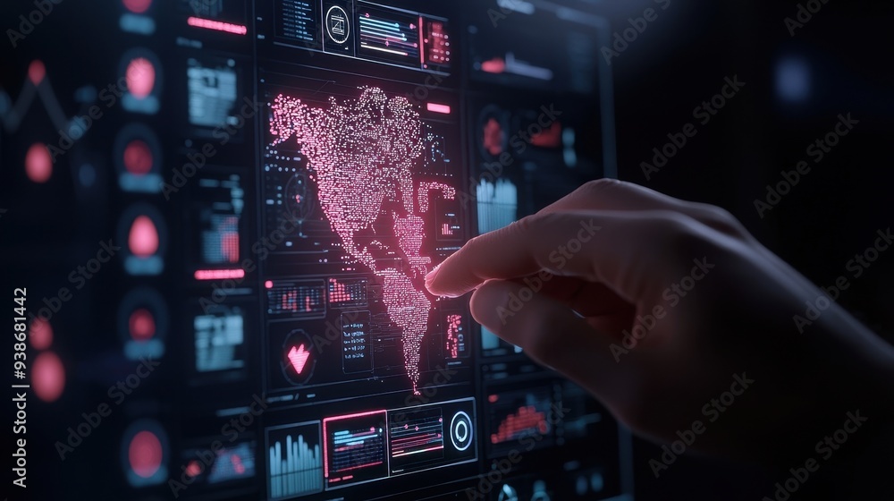 Poster hand interacting with digital world map on computer screen