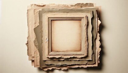 An empty, aged paper frame surrounded by layers of torn, textured paper with rough edges, in a grunge style. The paper layers are weathered, with visible creases and faded colors, creating a rustic an