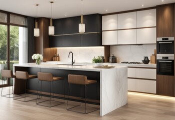 Residential interior of modern kitchen in luxury mansion, 3d rendering