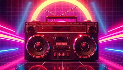 Retro Boombox with Neon Lights on a Tiled Floor