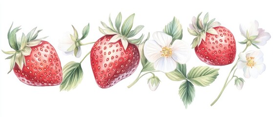Three red strawberries are surrounded by green leaves and white flowers