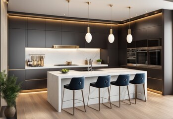 Residential interior of modern kitchen in luxury mansion, 3d rendering