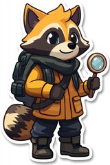Cute Raccoon Explorer with Backpack and Magnifying Glass