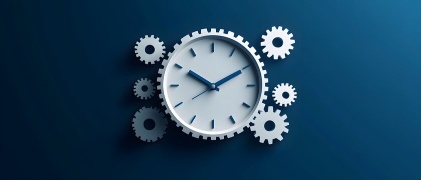 Time in Motion: A minimalist blue background highlights a white clock face with gears, symbolizing strategic time management, deadlines, and the constant flow of tasks. 