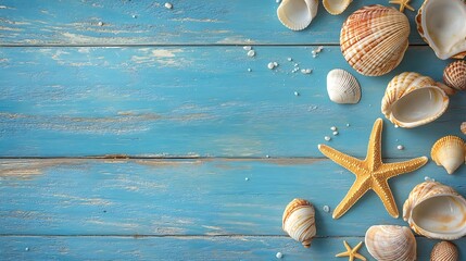A collection of seashells and starfish arranged on a vibrant blue wooden background, capturing the essence of a coastal theme.