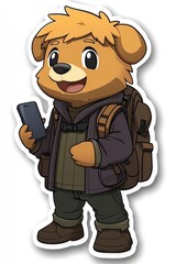 Obraz premium Cute Bear Character with Backpack Using Smartphone