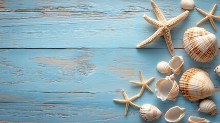Assorted seashells and starfish arranged on a rustic blue wooden surface, evoking a calm, beach-inspired atmosphere.