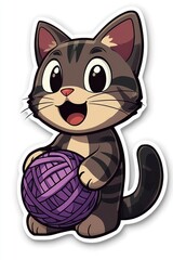 Obraz premium Cute Cartoon Cat Holding Yarn Ball
