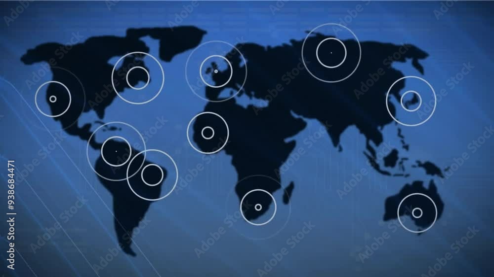 Poster global communication animation with target circles on world map
