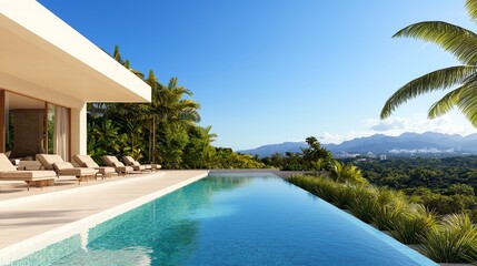 Fototapeta premium Luxury real estate, modern home with infinity pool and outdoor lounge, 3D illustration