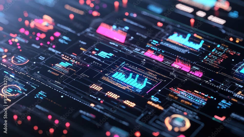 Poster abstract futuristic technology interface with neon lights and data
