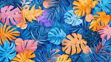 Tropical Leaf Background   Blue  Orange  Pink  Purple  Abstract