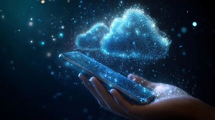 Dialogue clouds and phone in hand low poly. With dark blue background. Low poly wireframe with lines, dots and glowing particles
