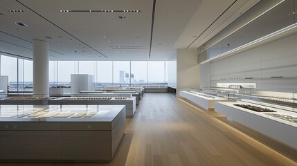 Serene Solitude: An Empty Museum Gallery at Dusk, Soft Light from Windows Illuminates the Walls, Reflecting the Tranquil Beauty of Art's Absence.

