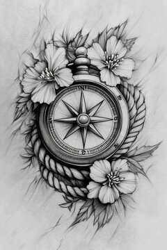 
sketch tattoo of compass entwined with rope and flanked by flowers. The design is a classic representation of guidance and adventure, principles that many Americans hold dear