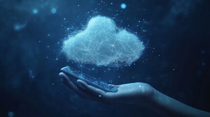 Fototapeta premium Dialogue clouds and phone in hand low poly. With dark blue background. Low poly wireframe with lines, dots and glowing particles