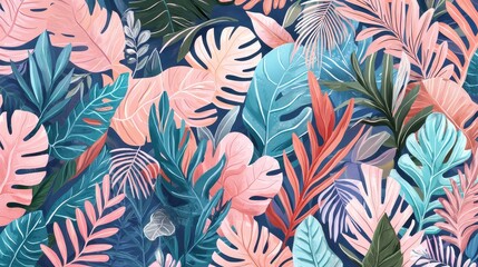 Tropical Leaf Pattern   Pink  Blue  Green Seamless Background