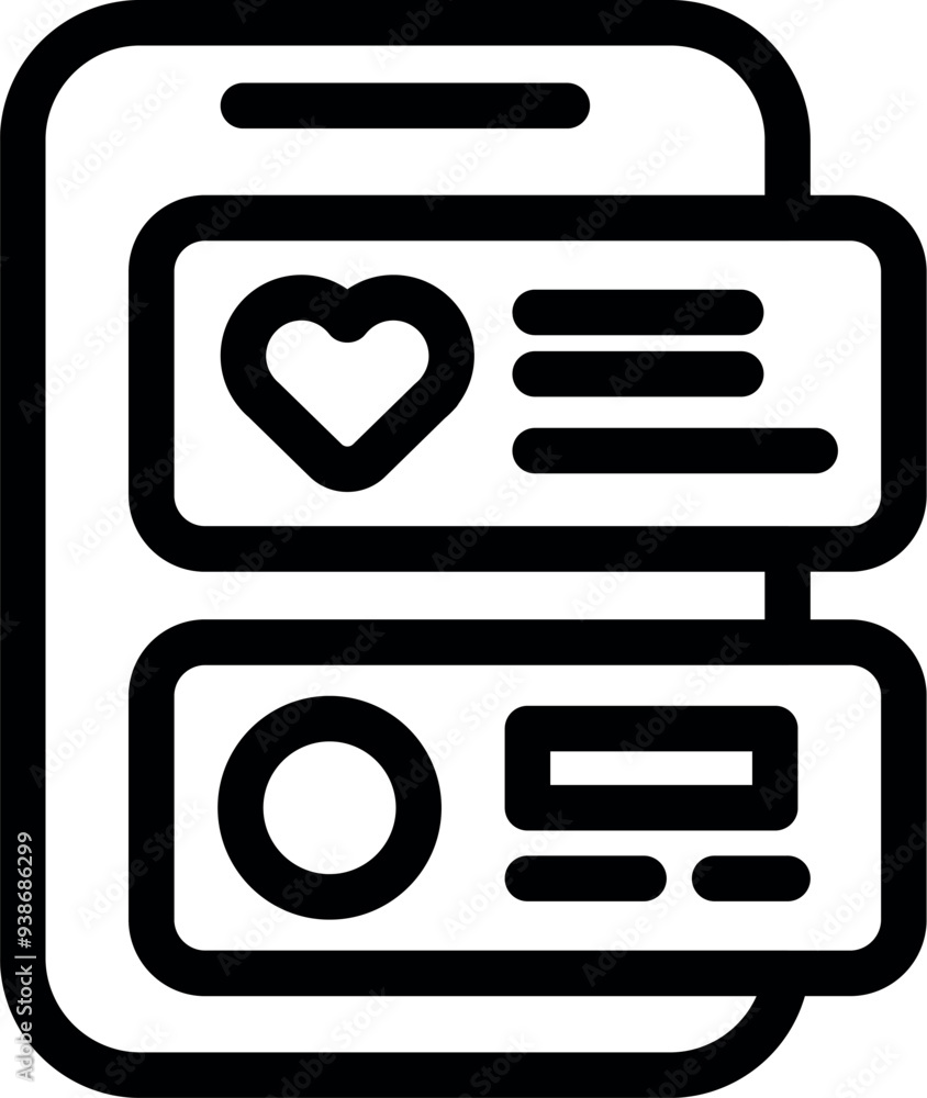 Poster simple vector icon of a smartphone displaying a dating app interface, with a heart icon representing