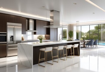Residential interior of modern kitchen in luxury mansion, 3d rendering