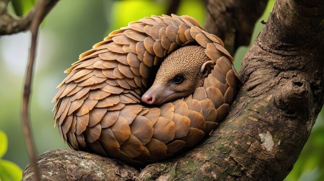 A Scaly Pangolin Curled Up on a Tree Branch