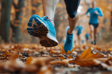 Group of Runners Participating in a Marathon on a Forest Trail During Autumn