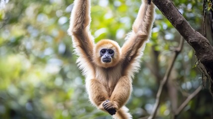 Fototapeta premium A Young Gibbon Hanging From a Tree Branch