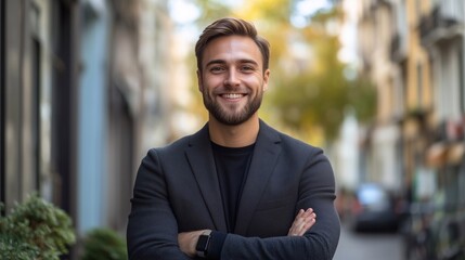 Happy young European professional business man, casual guy looking at camera. Confident smiling businessman, male entrepreneur, small business owner posing outdoors.