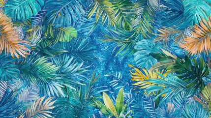Tropical Leaf Background Pattern  Teal  Green  Yellow  Blue Watercolor