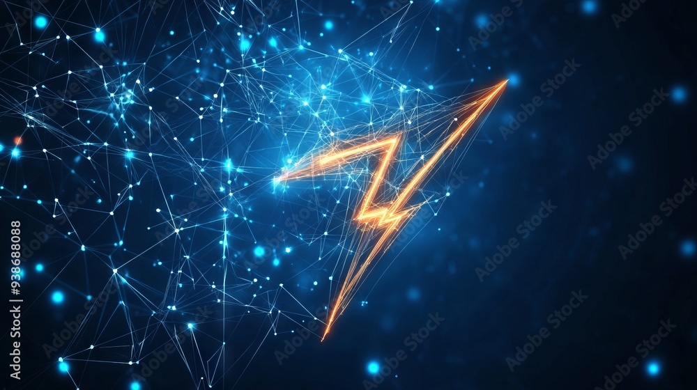 Poster abstract mash line and point lightning energy icon. with dark blue background. low poly wireframe wi