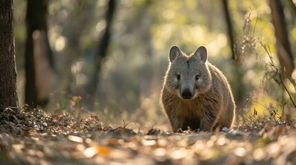 Fototapeta premium A Curious Wombat Standing in a Sun-Dappled Forest