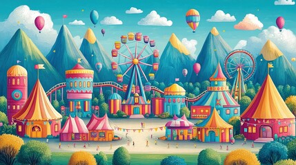 Obraz premium Colorful Carnival with Ferris Wheel and Mountains