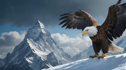 Obraz premium a bald eagle that is flying over a snowy mountain