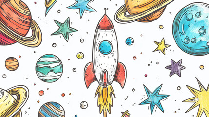 Artistic illustration of space exploration with planets and rocket in a whimsical style