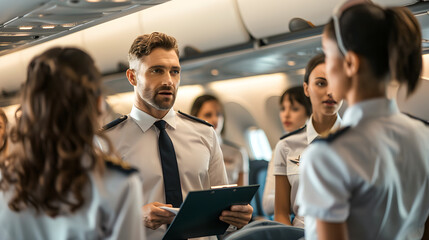 
Airline crew receiving instructions from a senior captain inside a modern airplane