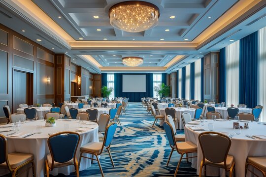 Large empty conference room decorated and ready for guests