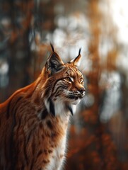 Obraz premium Canada Lynx, Lynx canadensis, close up with golden light in a forest setting