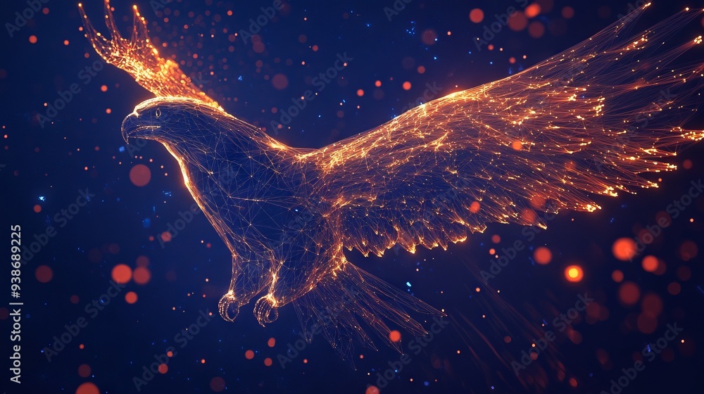 Poster abstract mash line and point eagle in flames style. with dark blue background. low poly wireframe wi