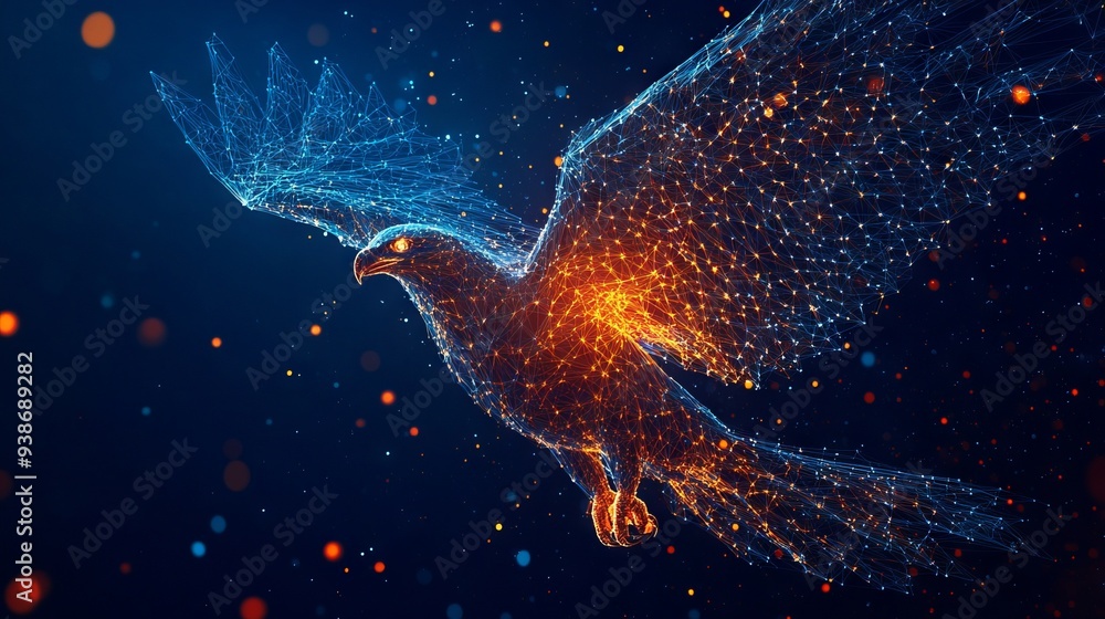 Poster abstract mash line and point eagle in flames style. with dark blue background. low poly wireframe wi
