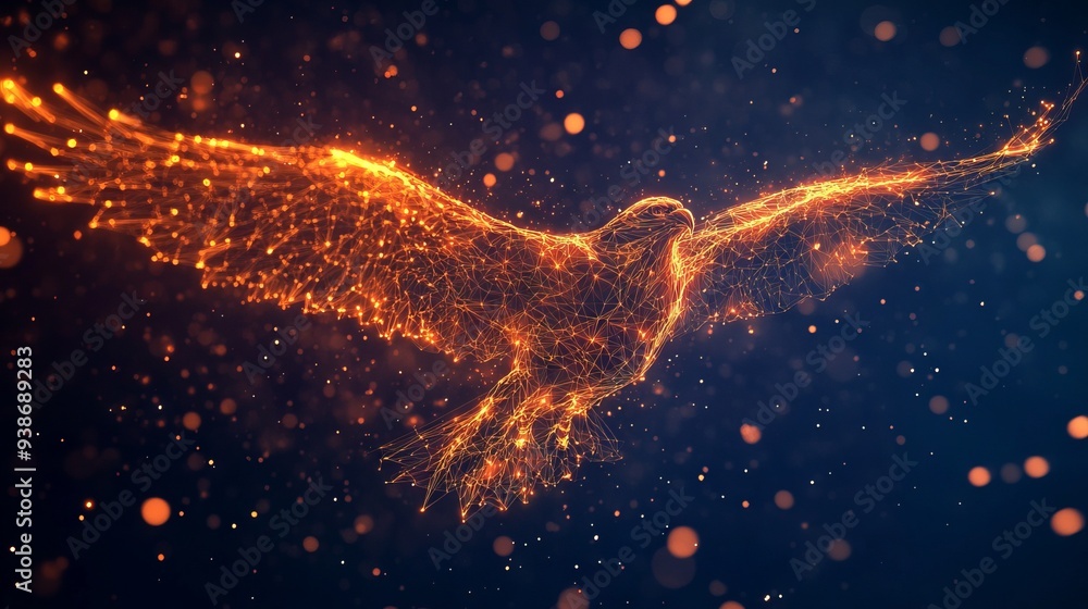 Poster abstract mash line and point eagle in flames style. with dark blue background. low poly wireframe wi