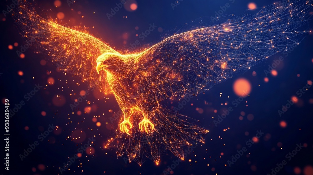 Aufkleber abstract mash line and point eagle in flames style. with dark blue background. low poly wireframe wi